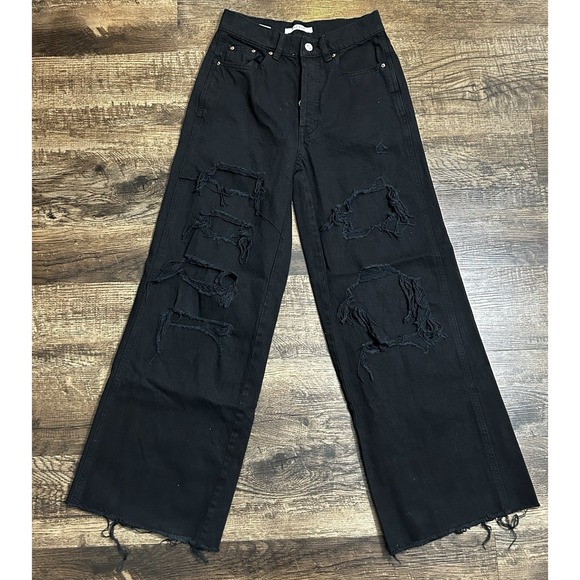 PacSun Women's Ultra High Rise Slim Jeans Size 24‎ Black Distressed Button Fly - Picture 2 of 14